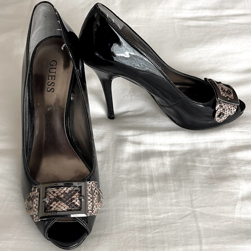 Guess Black Heels with Snake Skin Buckle (size 6M)